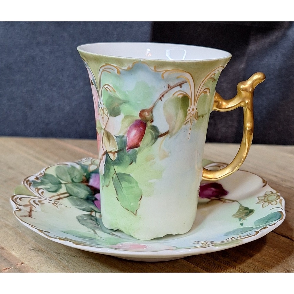 Jean Pouyat Limoges France Hand Painted Floral Porcelain Chocolate Cup Saucer